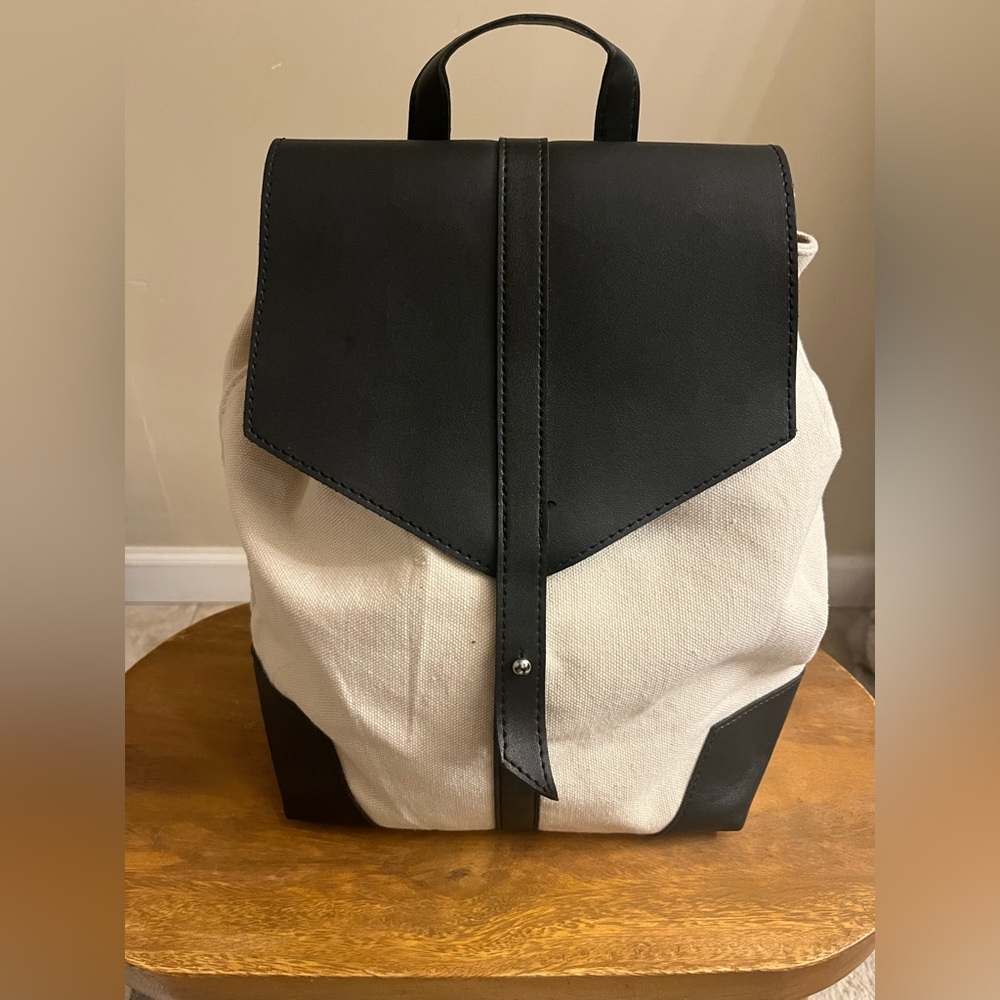 Deux Lux Handbag Backpack Bag Ivory Canvas w/Black Vegan Leather Straps- Fab Fit